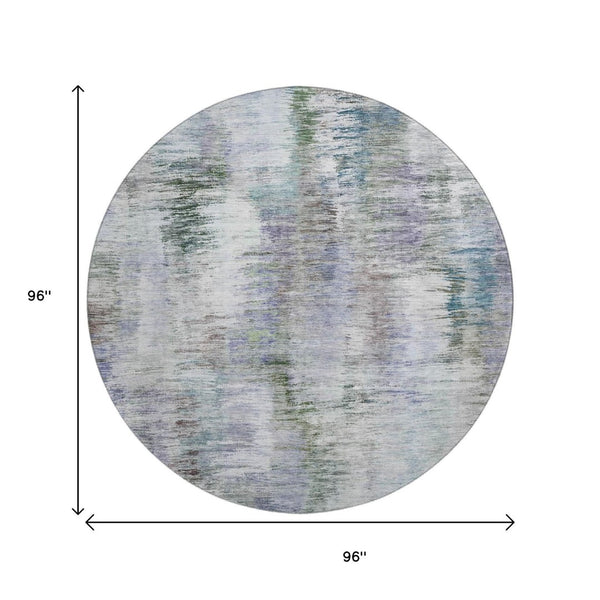 HomeRoots 8' Washable Round Rug with UV Protection - Modern Abstract Design in Green, Purple & Gray Tones 666194