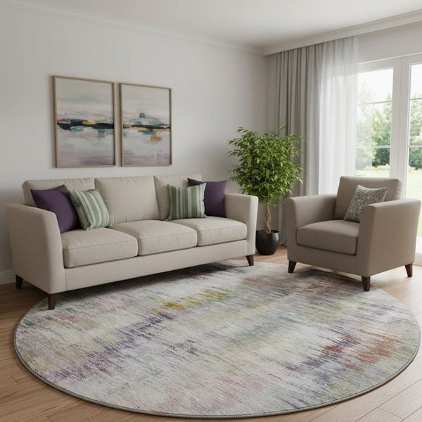 HomeRoots 8' Washable Round Rug in Plum, Gold & Ivory - Durable, UV Protected, Modern Abstract Design for Any Space 666206