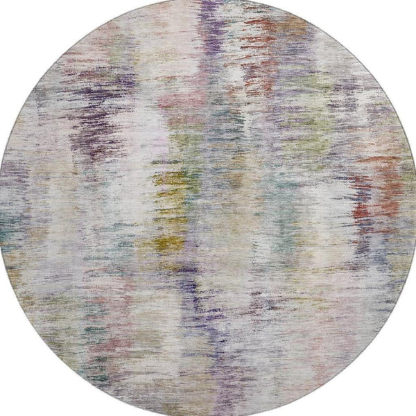 HomeRoots 8' Washable Round Rug in Plum, Gold & Ivory - Durable, UV Protected, Modern Abstract Design for Any Space 666206