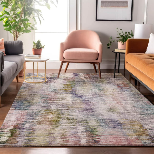 HomeRoots 9' X 12' Washable Abstract Area Rug in Plum, Gold & Ivory - UV Protected, Stain Resistant, Durable Design 666208