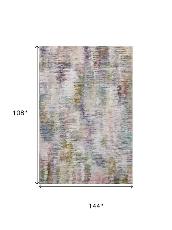 HomeRoots 9' X 12' Washable Abstract Area Rug in Plum, Gold & Ivory - UV Protected, Stain Resistant, Durable Design 666208