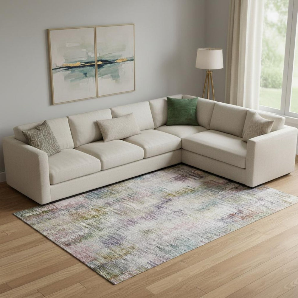 HomeRoots 10' X 14' Abstract Washable Area Rug in Plum, Gold & Ivory – UV Protected, Durable for Homes with Kids 666209