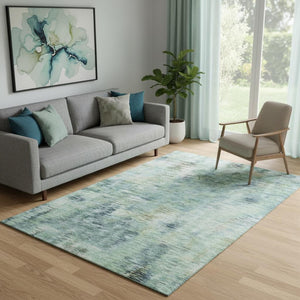 HomeRoots 5' X 8' Stylish Teal Green & Ivory Abstract Washable Area Rug with UV Protection for Modern Homes 666217