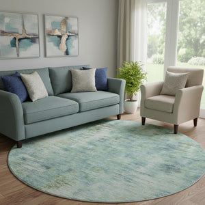 HomeRoots 8' Teal Green and Ivory Abstract Round Rug - Washable, UV Protected, Stylish & Durable for Homes 666218