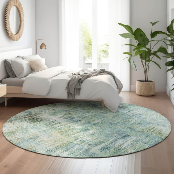 HomeRoots 8' Teal Green and Ivory Abstract Round Rug - Washable, UV Protected, Stylish & Durable for Homes 666218