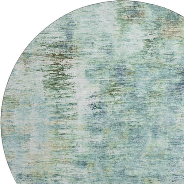 HomeRoots 8' Teal Green and Ivory Abstract Round Rug - Washable, UV Protected, Stylish & Durable for Homes 666218