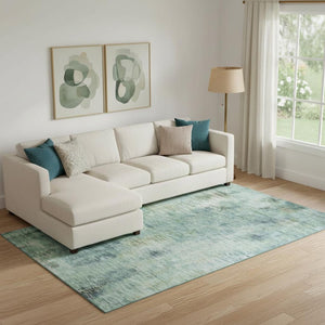 HomeRoots 9' X 12' Teal Green & Ivory Abstract Area Rug – Washable, UV Protected, Modern Style for Any Space 666220
