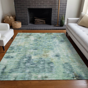 HomeRoots 9' X 12' Teal Green & Ivory Abstract Area Rug – Washable, UV Protected, Modern Style for Any Space 666220