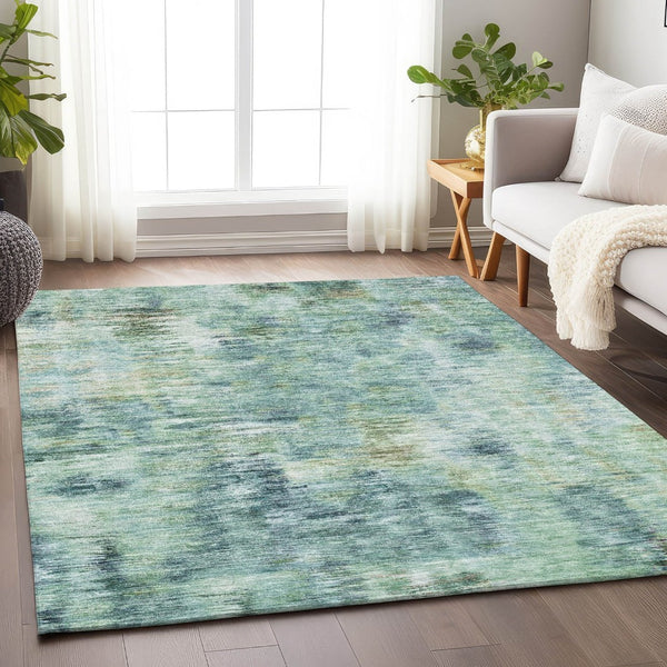 HomeRoots 9' X 12' Teal Green & Ivory Abstract Area Rug – Washable, UV Protected, Modern Style for Any Space 666220