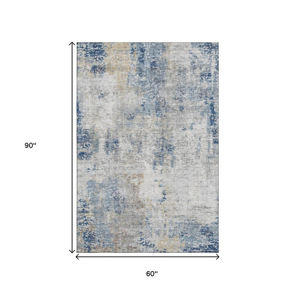 HomeRoots 5' X 8' Abstract Washable Area Rug in Blue Taupe Ivory - UV Protection, Stain Resistant, Durable Design 666223