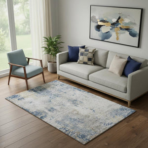 HomeRoots 5' X 8' Abstract Washable Area Rug in Blue Taupe Ivory - UV Protection, Stain Resistant, Durable Design 666223