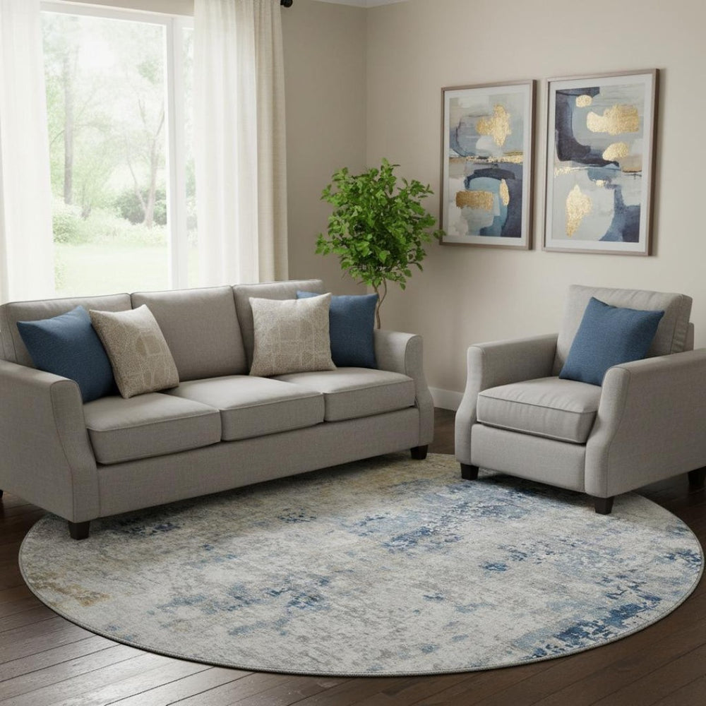HomeRoots 8' Stylish Blue Taupe Ivory Abstract Round Rug - Washable, UV Protected, Kid & Pet Friendly! 666224