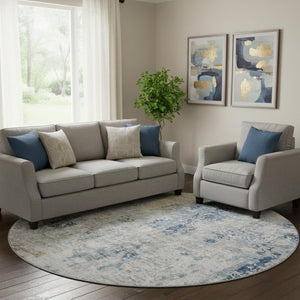 HomeRoots 8' Stylish Blue Taupe Ivory Abstract Round Rug - Washable, UV Protected, Kid & Pet Friendly! 666224