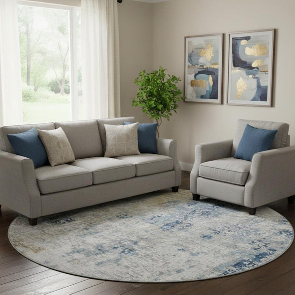 HomeRoots 8' Stylish Blue Taupe Ivory Abstract Round Rug - Washable, UV Protected, Kid & Pet Friendly! 666224