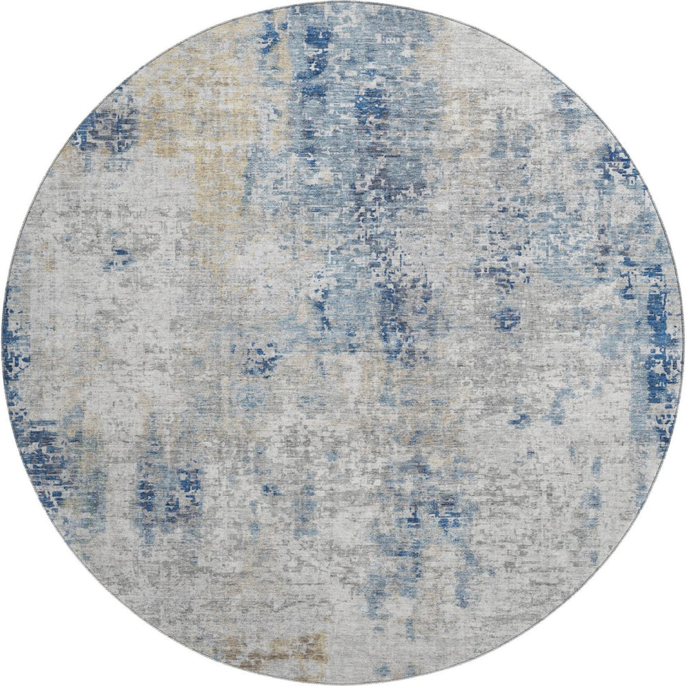 HomeRoots 8' Stylish Blue Taupe Ivory Abstract Round Rug - Washable, UV Protected, Kid & Pet Friendly! 666224