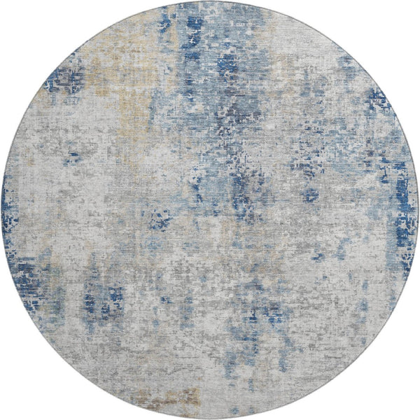 HomeRoots 8' Stylish Blue Taupe Ivory Abstract Round Rug - Washable, UV Protected, Kid & Pet Friendly! 666224