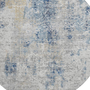 HomeRoots 8' Stylish Blue Taupe Ivory Abstract Round Rug - Washable, UV Protected, Kid & Pet Friendly! 666224