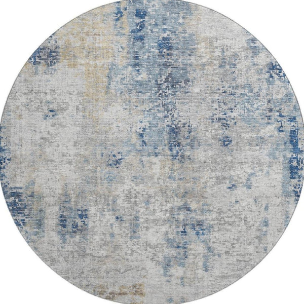 HomeRoots 8' Stylish Blue Taupe Ivory Abstract Round Rug - Washable, UV Protected, Kid & Pet Friendly! 666224