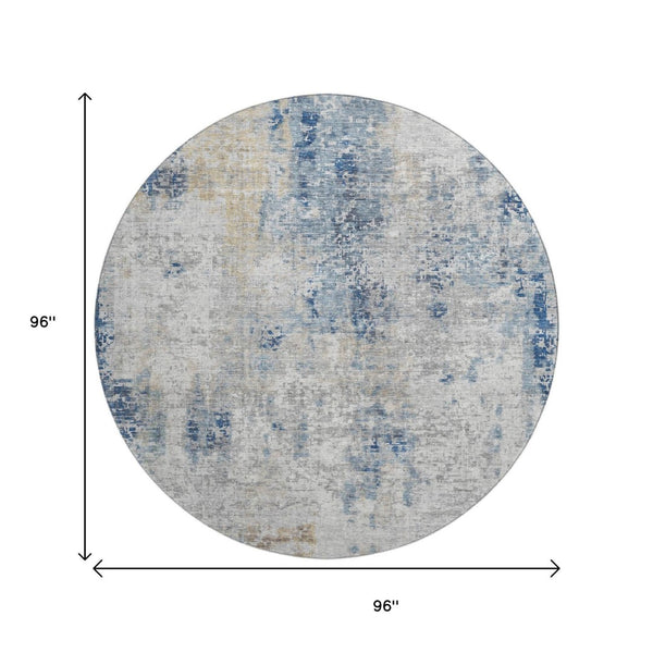 HomeRoots 8' Stylish Blue Taupe Ivory Abstract Round Rug - Washable, UV Protected, Kid & Pet Friendly! 666224