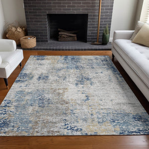 HomeRoots 9' X 12' Abstract Washable Area Rug in Blue, Taupe & Ivory - UV Protected, Durable & Stylish Design 666226