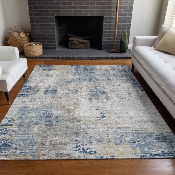 HomeRoots 9' X 12' Abstract Washable Area Rug in Blue, Taupe & Ivory - UV Protected, Durable & Stylish Design 666226