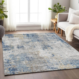 HomeRoots 9' X 12' Abstract Washable Area Rug in Blue, Taupe & Ivory - UV Protected, Durable & Stylish Design 666226
