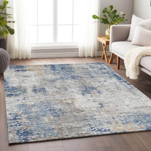 HomeRoots 9' X 12' Abstract Washable Area Rug in Blue, Taupe & Ivory - UV Protected, Durable & Stylish Design 666226