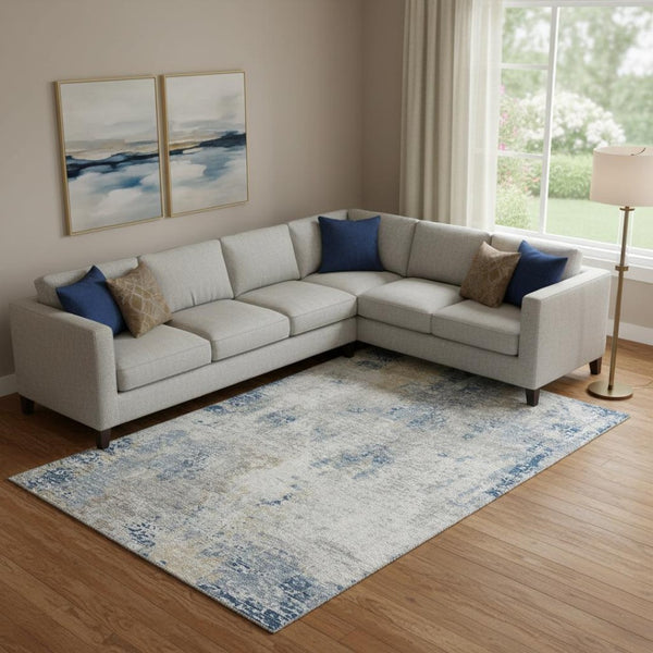 HomeRoots 10' Blue Taupe Ivory Washable Area Rug - Stylish Abstract Design with UV Protection for High Traffic Spaces 666227