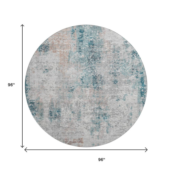 HomeRoots 8' Teal Beige and Copper Abstract Round Rug - Washable, UV-Protected, Perfect for High Traffic Areas! 666242