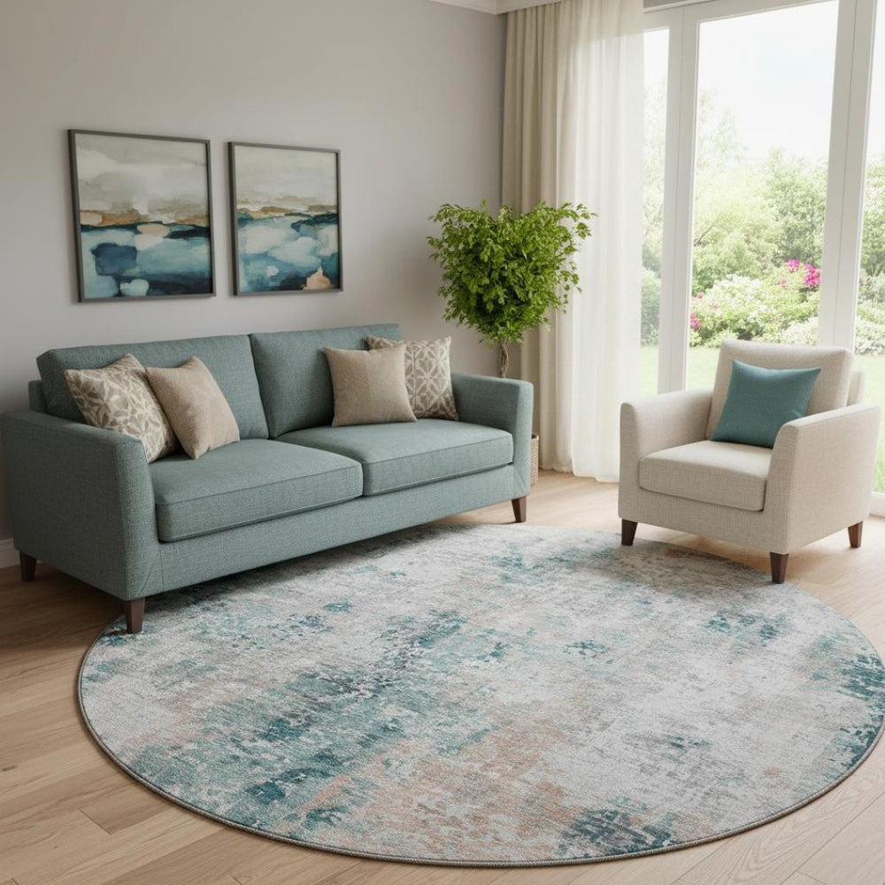 HomeRoots 8' Teal Beige and Copper Abstract Round Rug - Washable, UV-Protected, Perfect for High Traffic Areas! 666242