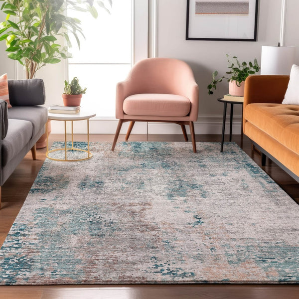 HomeRoots 8' X 10' Teal Beige Copper Abstract Area Rug - Washable, UV Protected, Stain Resistant for Modern Living 666243
