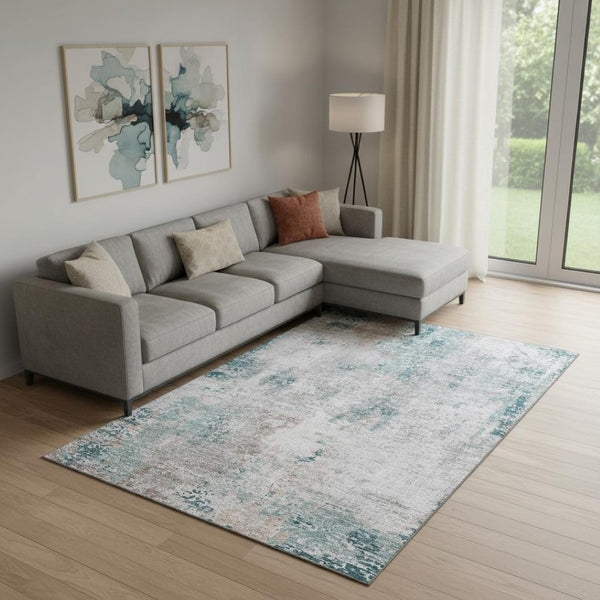 HomeRoots 8' X 10' Teal Beige Copper Abstract Area Rug - Washable, UV Protected, Stain Resistant for Modern Living 666243