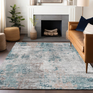 HomeRoots 8' X 10' Teal Beige Copper Abstract Area Rug - Washable, UV Protected, Stain Resistant for Modern Living 666243