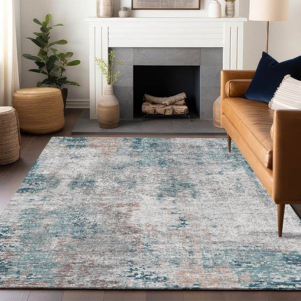 HomeRoots 8' X 10' Teal Beige Copper Abstract Area Rug - Washable, UV Protected, Stain Resistant for Modern Living 666243