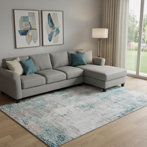 HomeRoots 10' Teal, Beige & Copper Abstract Washable Area Rug - Stylish, Durable & UV-Protected for Homes! 666245
