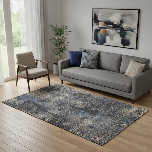 HomeRoots 5' X 8' Charcoal Blue & Beige Abstract Washable Area Rug - Durable, UV-Protected, Easy Care Design 666247
