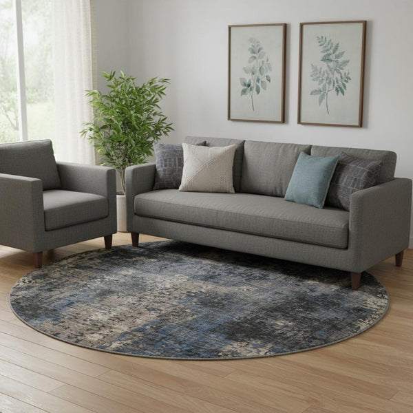 HomeRoots 8' Charcoal Blue & Beige Abstract Round Rug - Washable, UV-Protected, Stylish & Durable for Homes 666248