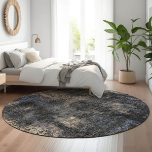 HomeRoots 8' Charcoal Blue & Beige Abstract Round Rug - Washable, UV-Protected, Stylish & Durable for Homes 666248