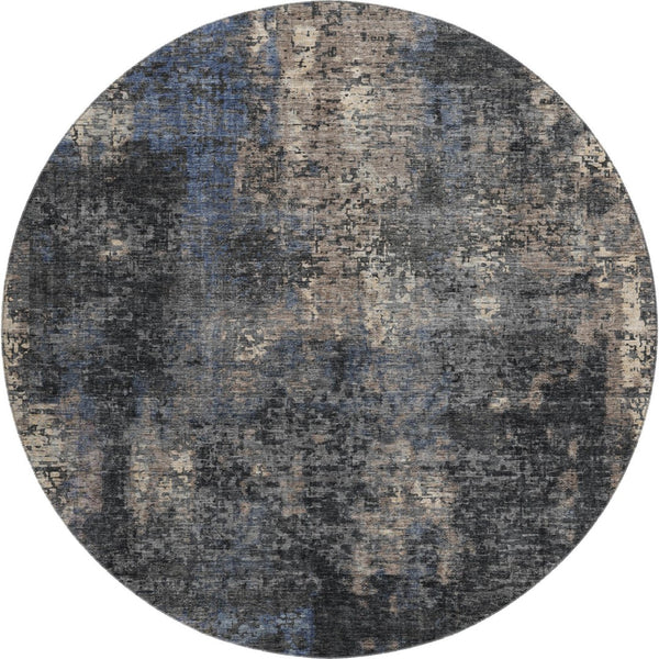 HomeRoots 8' Charcoal Blue & Beige Abstract Round Rug - Washable, UV-Protected, Stylish & Durable for Homes 666248