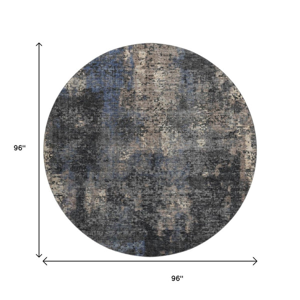 HomeRoots 8' Charcoal Blue & Beige Abstract Round Rug - Washable, UV-Protected, Stylish & Durable for Homes 666248