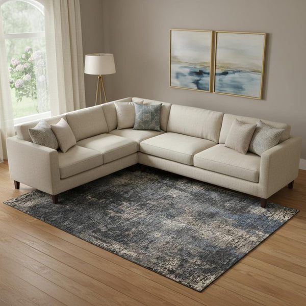HomeRoots 8' X 10' Charcoal Blue Beige Abstract Washable Area Rug - Durable, UV-Protected & Easy-Care Design 666249