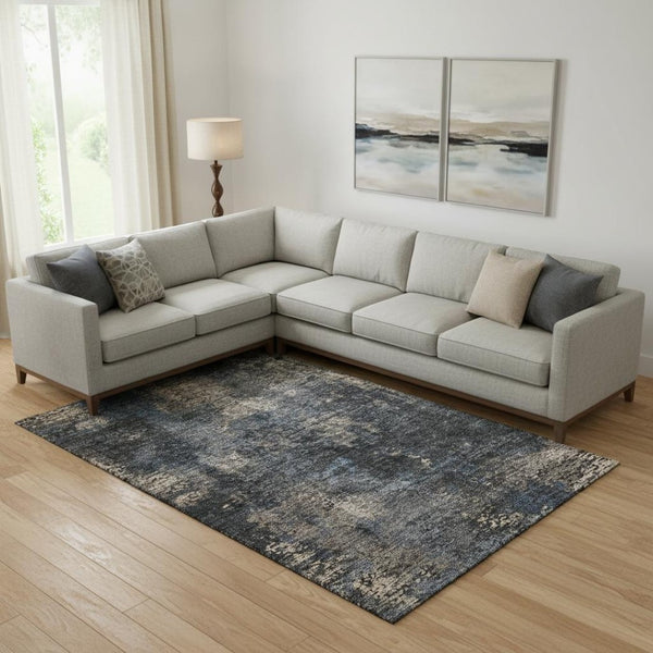 HomeRoots 9' X 12' Charcoal Blue & Beige Abstract Area Rug - Washable, UV Protected, Durable for High-Traffic Areas 666250