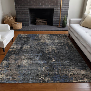 HomeRoots 9' X 12' Charcoal Blue & Beige Abstract Area Rug - Washable, UV Protected, Durable for High-Traffic Areas 666250