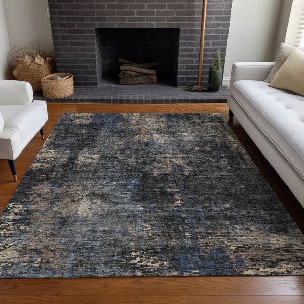 HomeRoots 9' X 12' Charcoal Blue & Beige Abstract Area Rug - Washable, UV Protected, Durable for High-Traffic Areas 666250