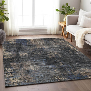 HomeRoots 9' X 12' Charcoal Blue & Beige Abstract Area Rug - Washable, UV Protected, Durable for High-Traffic Areas 666250
