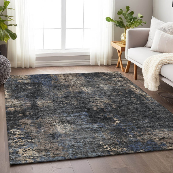 HomeRoots 9' X 12' Charcoal Blue & Beige Abstract Area Rug - Washable, UV Protected, Durable for High-Traffic Areas 666250