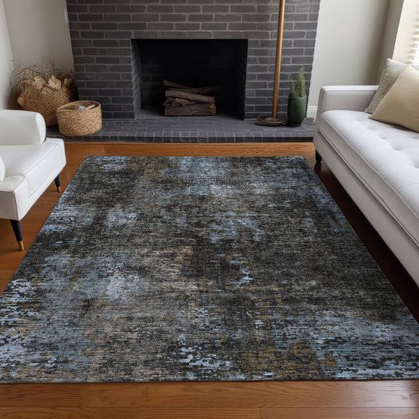 HomeRoots 5' X 8' Graphite Blue & Copper Abstract Area Rug - Washable, Stain Resistant, UV Protected, Durable Design 666259