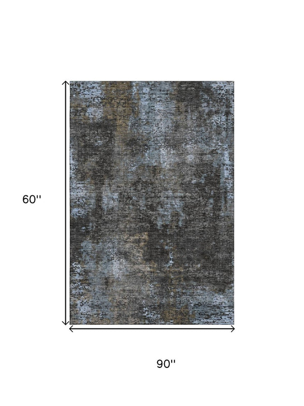 HomeRoots 5' X 8' Graphite Blue & Copper Abstract Area Rug - Washable, Stain Resistant, UV Protected, Durable Design 666259