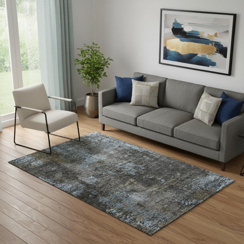 HomeRoots 5' X 8' Graphite Blue & Copper Abstract Area Rug - Washable, Stain Resistant, UV Protected, Durable Design 666259