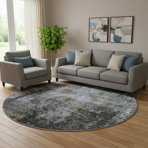 HomeRoots 8' Graphite Blue & Copper Abstract Round Rug - Washable, UV Protected, Durable for High-Traffic Areas 666260
